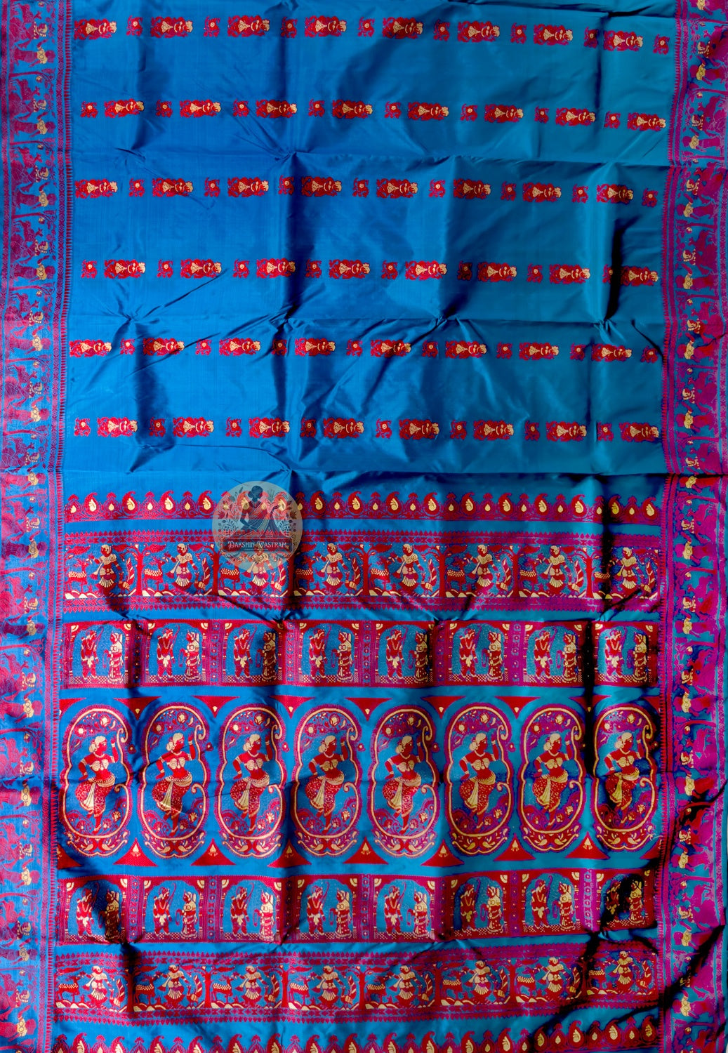 Rear view of Baluchari silk saree showcasing richly woven pallu with Mahabharata and Shakuntala narrative motifs