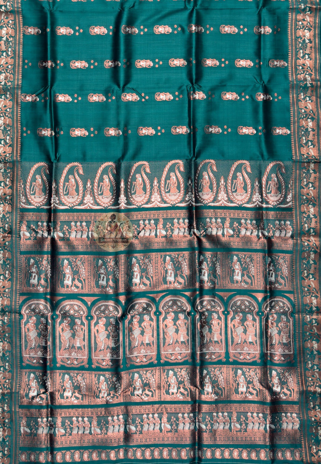 Side view of Swarnachari silk saree showing golden zari border structure and natural handloom silk drape, Bengal pit-loom weave