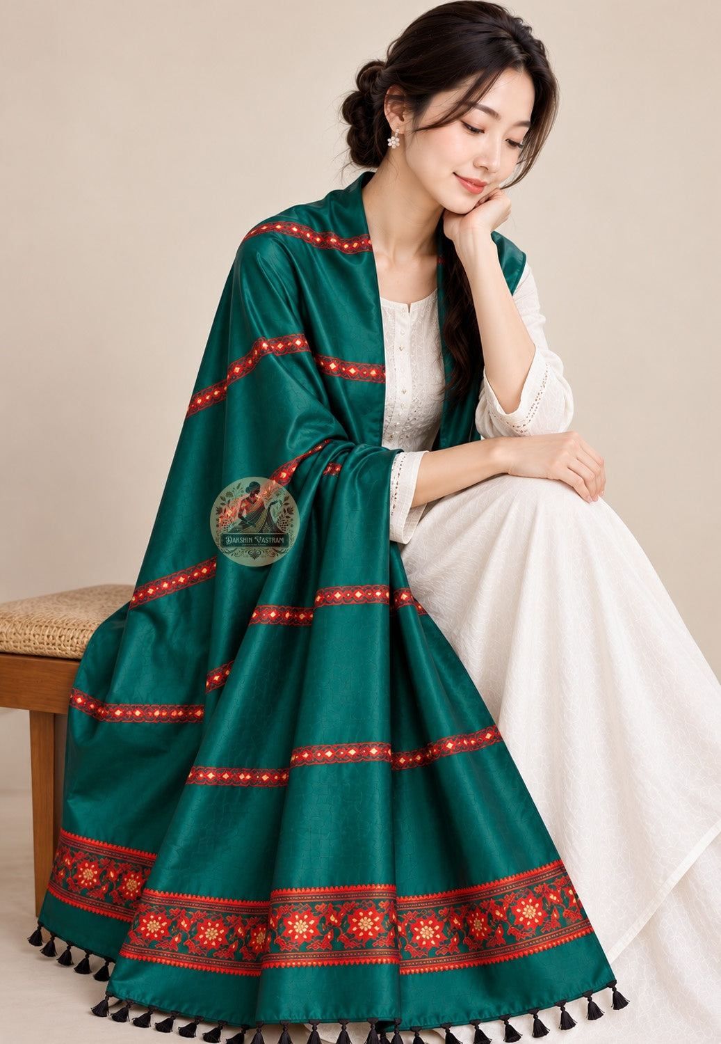 Side view of Bishnupur Baluchari pure silk stole displaying natural silk drape and lustrous handloom weave for weddings and cultural occasions