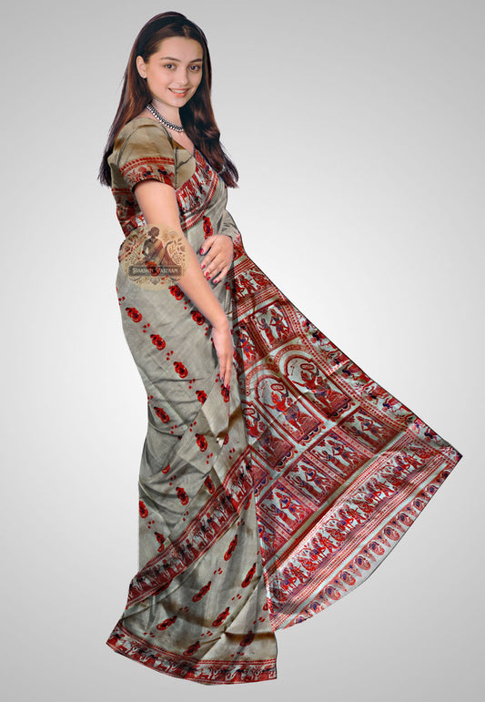 Side view of Handloom Baluchari Saree showcasing elegant drape and craftsmanship