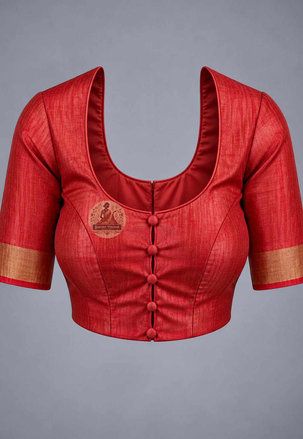 Blouse paired with red Ghicha Tussar silk saree in a coordinating red shade with gold-toned sleeve edges