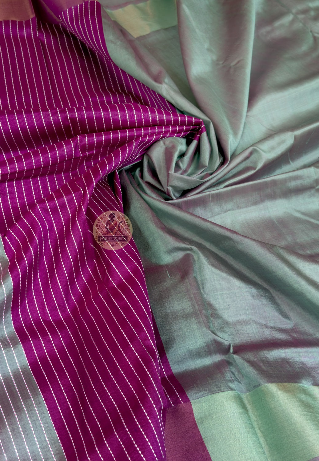 Macro close-up of individual hand-woven heritage motif on Bishnupur Katan Silk Saree by Dakshin Vastram, each pattern placed with precision and restraint on the handloom in Bishnupur Bengal — simply, completely, enough