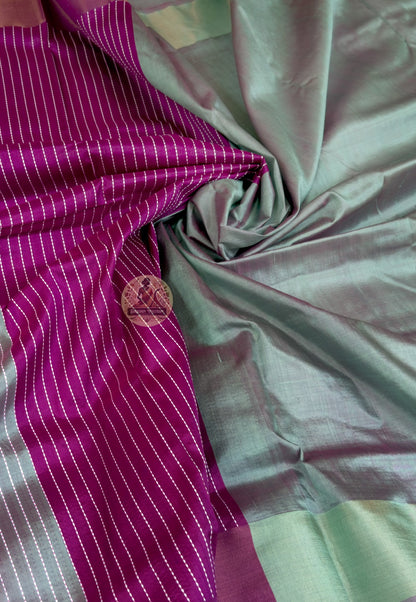 Macro close-up of individual hand-woven heritage motif on Bishnupur Katan Silk Saree by Dakshin Vastram, each pattern placed with precision and restraint on the handloom in Bishnupur Bengal — simply, completely, enough