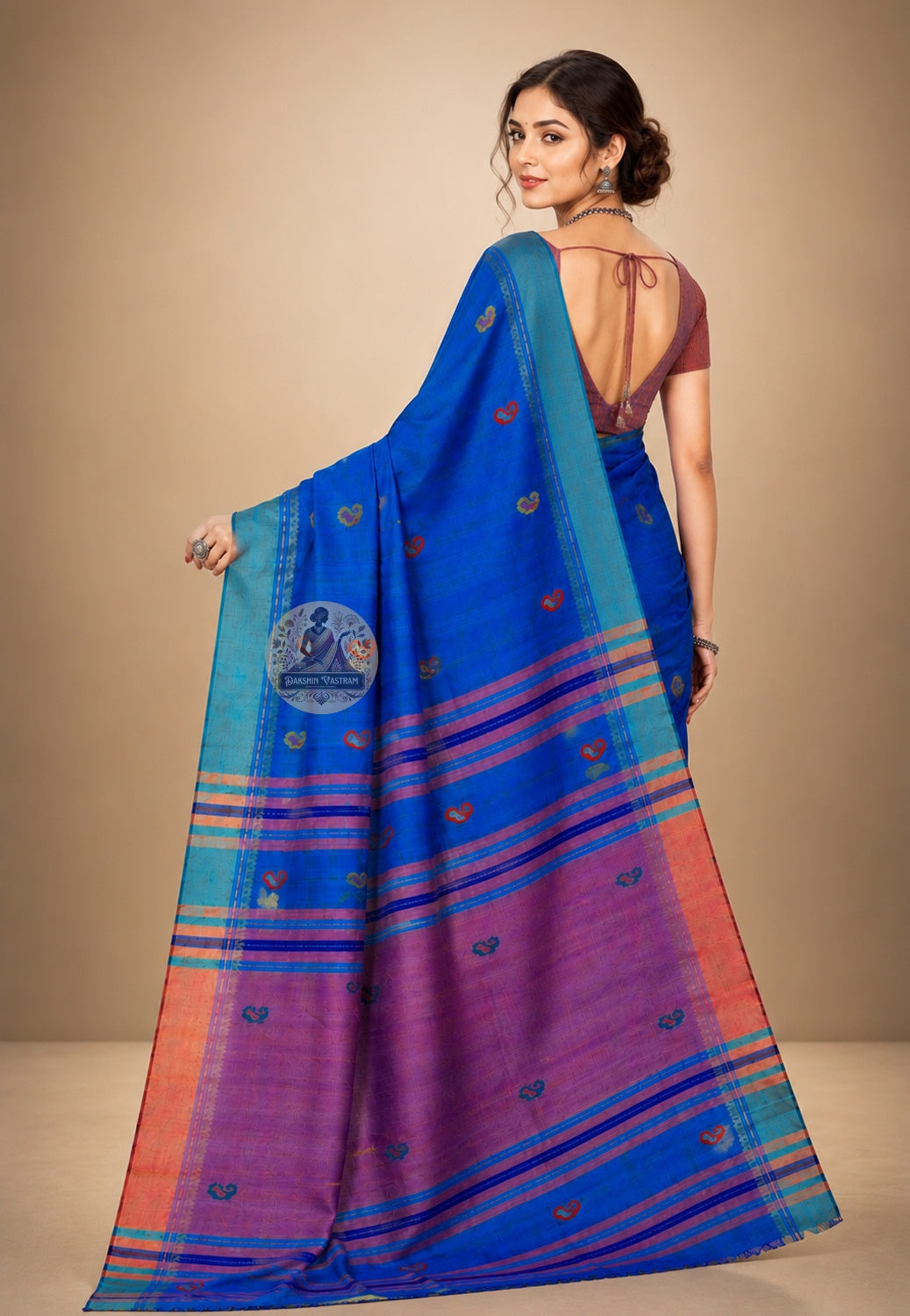 Side view of handloom Bishnupur Katan silk saree showing classical Katan silk weight and natural lustre in drape, the living continuation of Bishnupur's silk weaving tradition