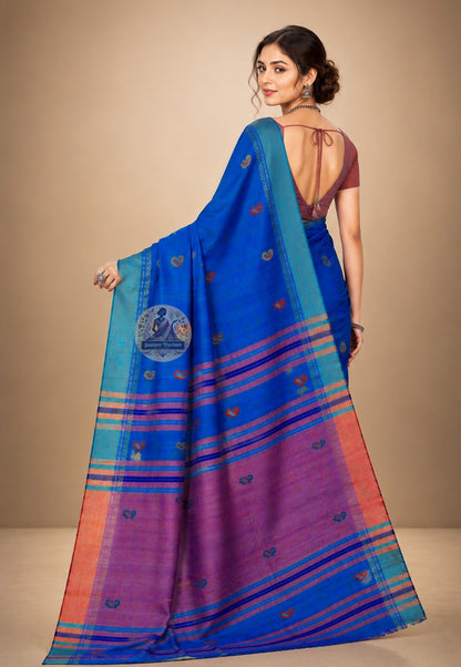 Side view of handloom Bishnupur Katan silk saree showing classical Katan silk weight and natural lustre in drape, the living continuation of Bishnupur's silk weaving tradition