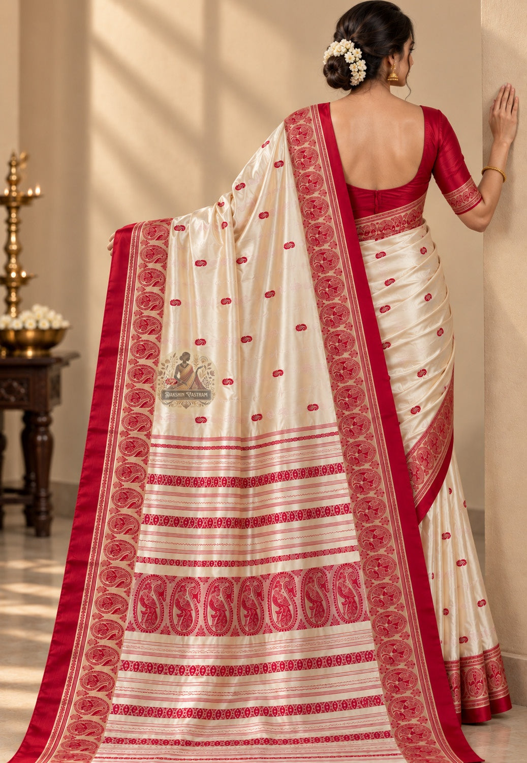 Side view of Bishnupur Garad pure mulberry silk saree displaying natural ivory tone and structured handloom drape for ritual and contemporary wear