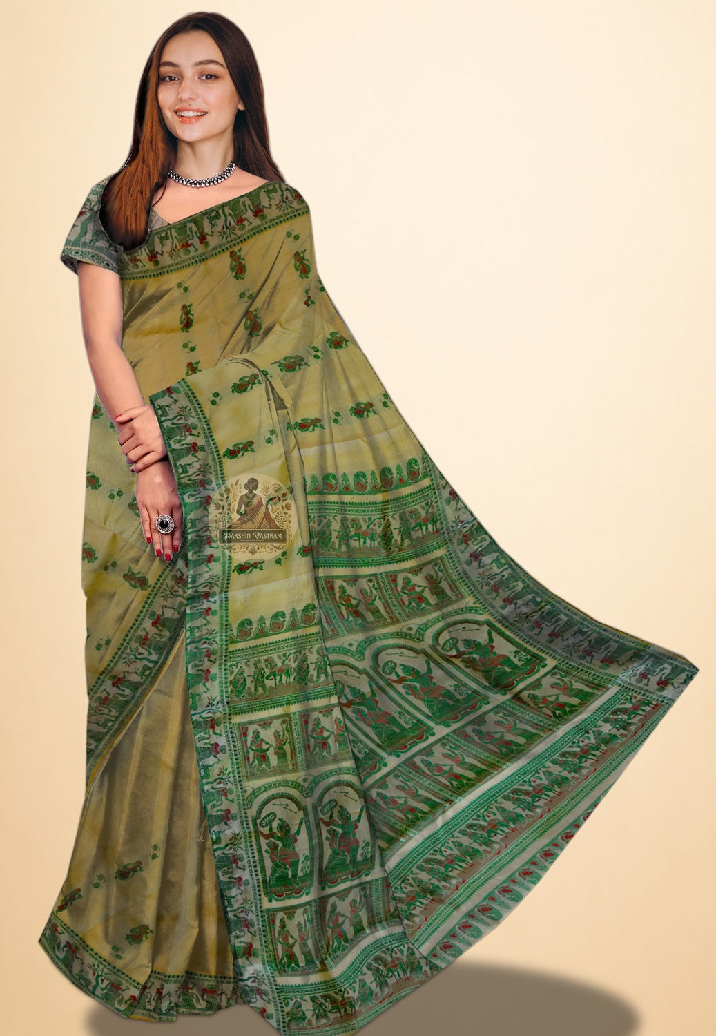 Pure silk Baluchari saree with finely detailed hand-interlocked traditional motifs on pallu and border