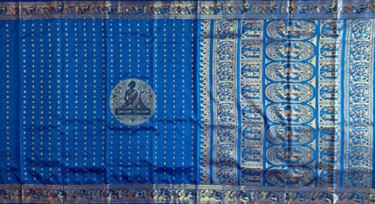 Full saree view of blue Swarnachari pure silk golden zari handloom saree with matching blue blouse piece for Indian weddings Durga Puja Diwali Navratri and diaspora gifting