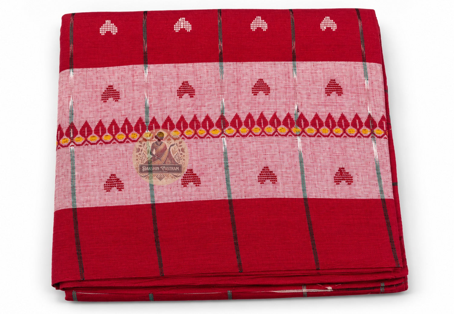 Close-up of pallu end panel on handloom cotton saree from West Bengal highlighting weave craftsmanship