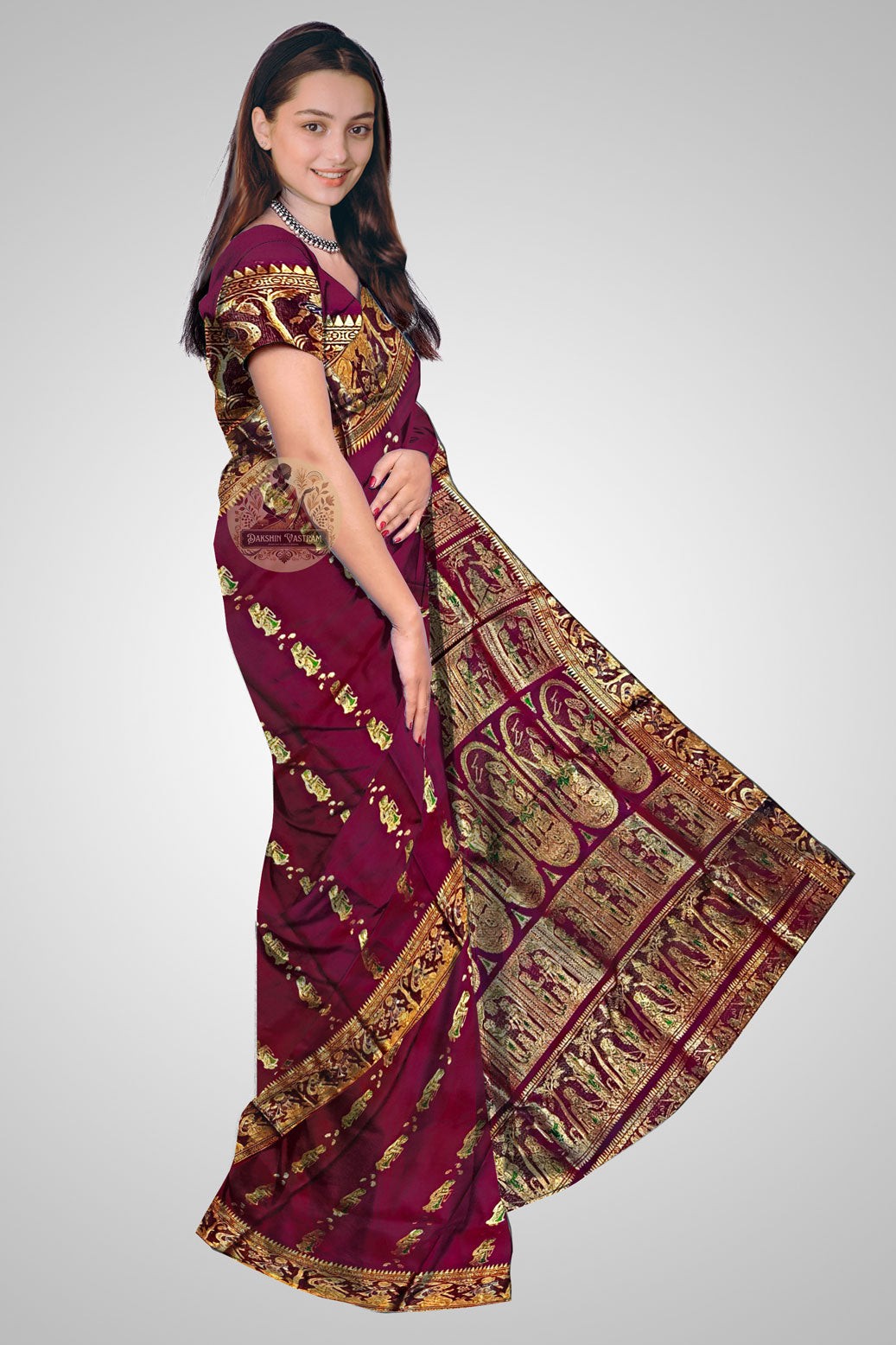 Shop Bengal Swarnachari Saree online – Side view of rich zari motifs