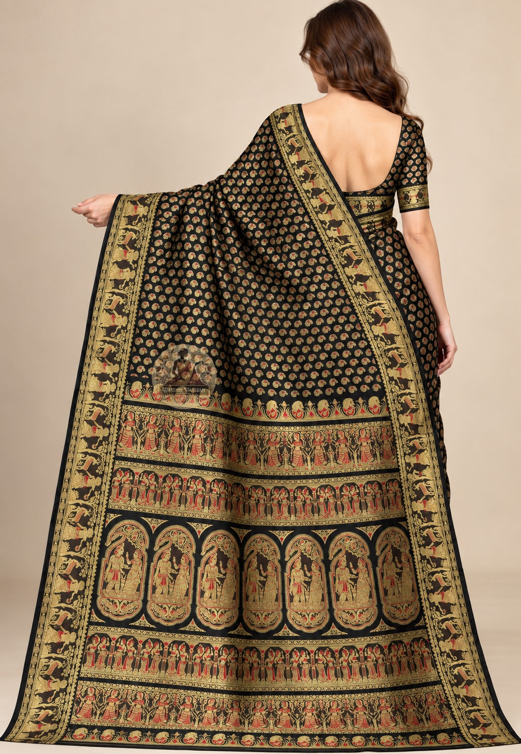 Side view of black Baluchari silk saree showing the drape and figurative border