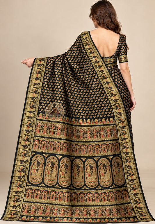 Side view of black Baluchari silk saree showing the drape and figurative border