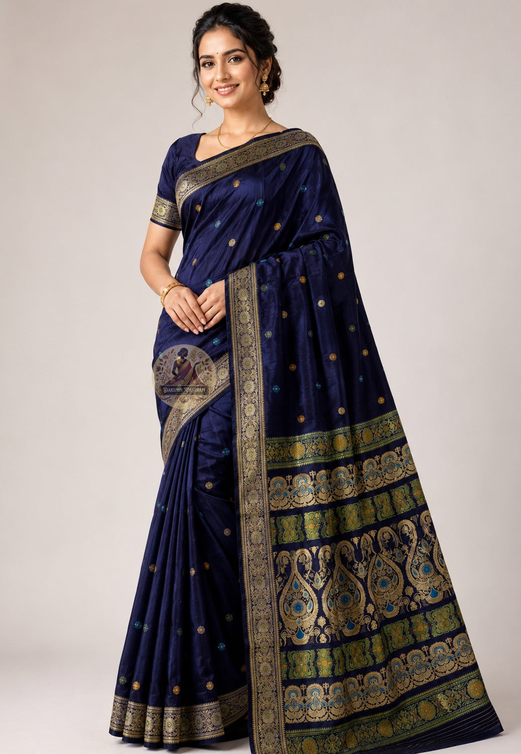 Front view of Baluchari Silk Saree with handwoven Lakshmi on lotus throne and royal elephant procession, West Bengal