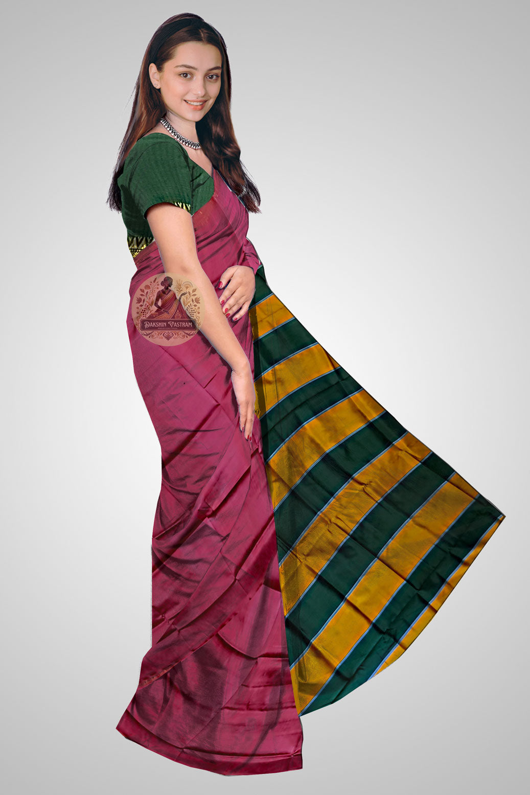 Shop Silk Saree with Zari Border – Side pose highlighting classic weave