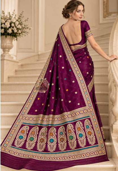 Front view of heirloom Baluchari silk saree showing Ramayana narrative panels and pure mulberry silk fabric in full drape