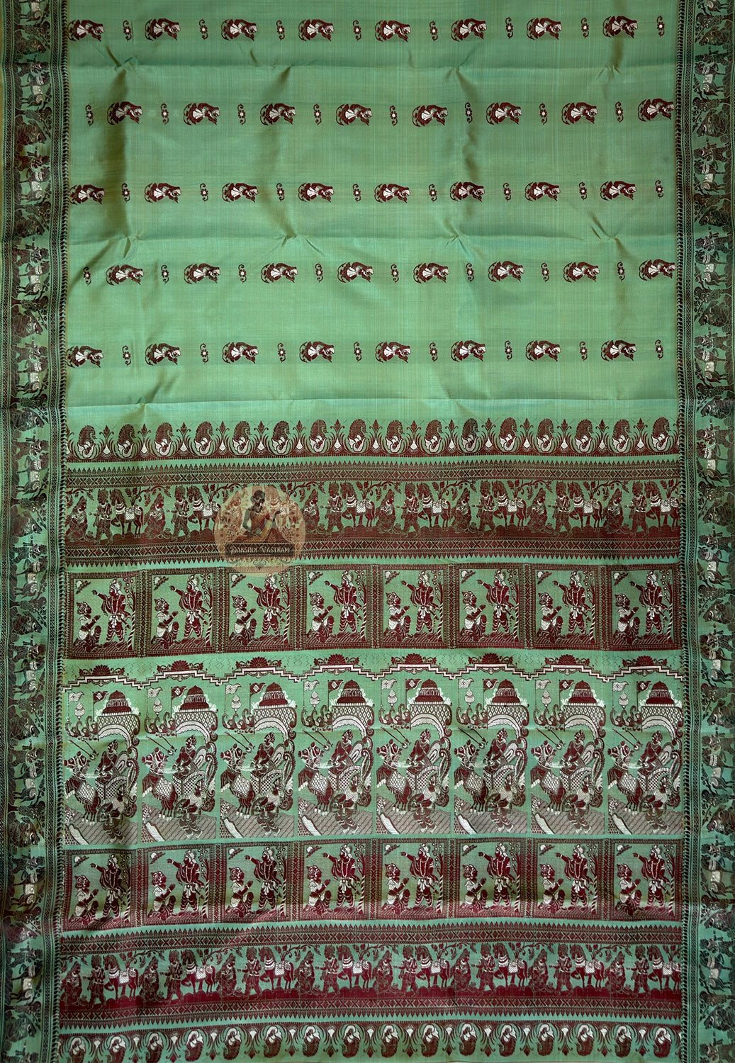 Close-up of blouse piece of Baluchari Silk Saree featuring hand-woven traditional border patterns in fine pure Bengal silk by Dakshin Vastram