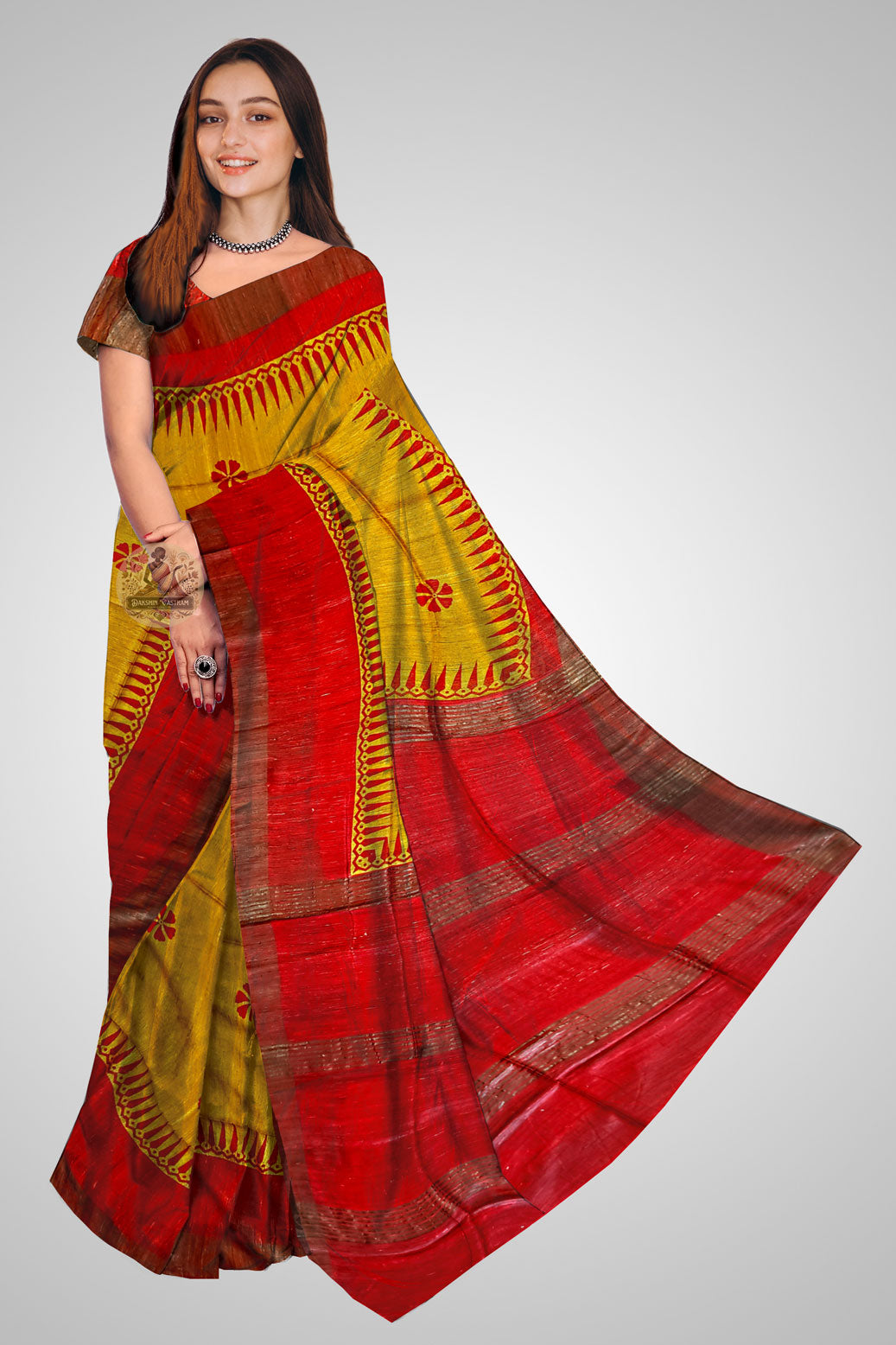 Buy Tussar Saree online – Raw silk saree front view in traditional styling