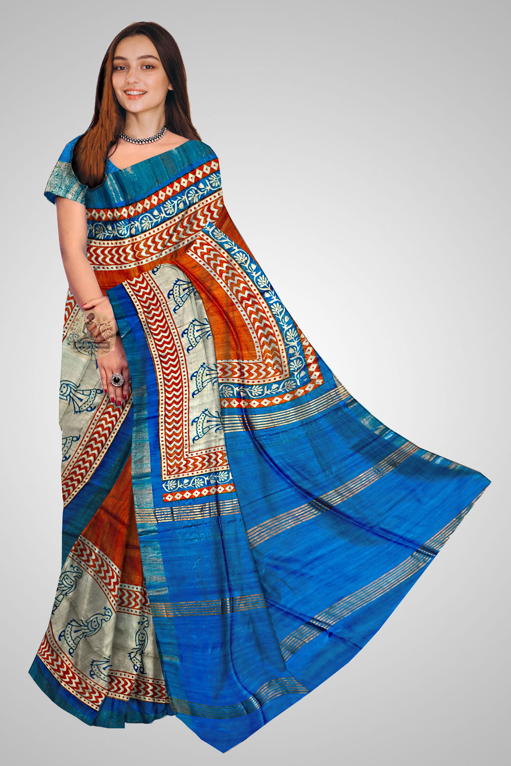 Shop Tussar Saree online – Front view showcasing traditional raw silk