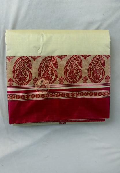 Close-up of pallu of Bishnupur Garad heirloom ivory silk saree showing traditional woven Bengal border and motif work by Bankura artisan weavers