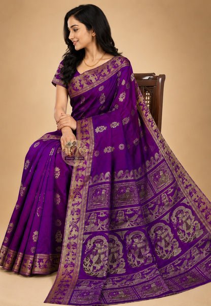 Side view of Baluchari Silk Saree showing the fluid composed drape of pure Bengal silk, handwoven for weddings, Durga Puja and cultural celebrations across UK, USA, EU and India