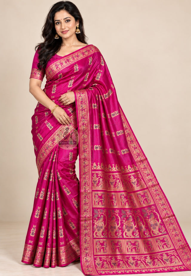 Front view of rani pink Swarnachari silk saree with repeating figurative motifs and patterned borders