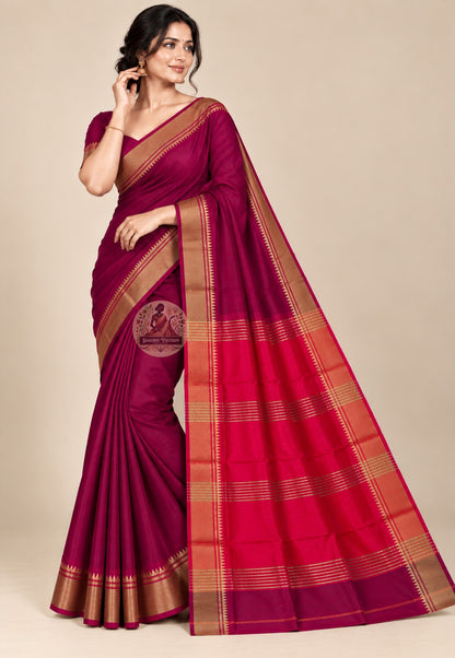 Front view of Bishnupur Katan silk saree with traditional Bengal motifs, handwoven by artisan weaving families in West Bengal
