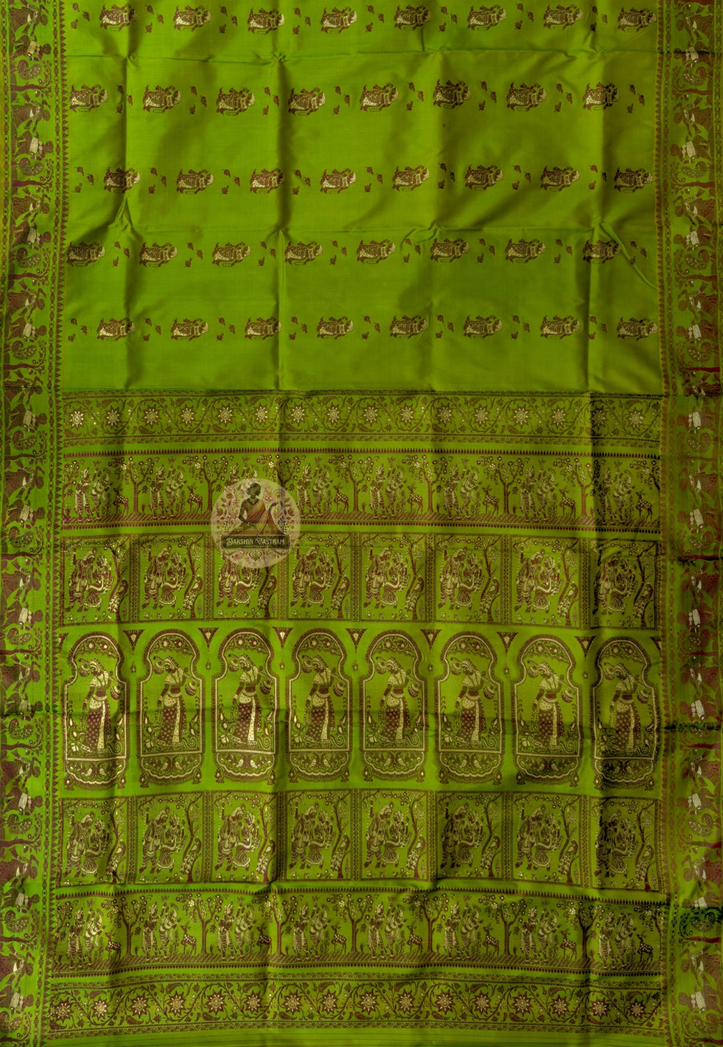 Side view of Baluchari Silk Saree showing fluid silk drape and handloom woven narrative border