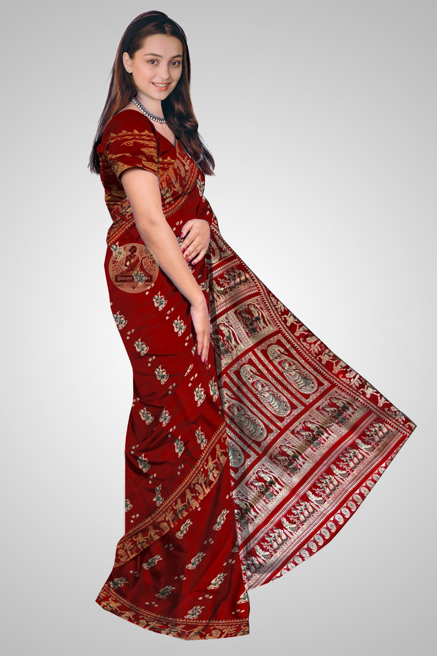 Buy Handloom Baluchari Saree – Rear view highlighting border work