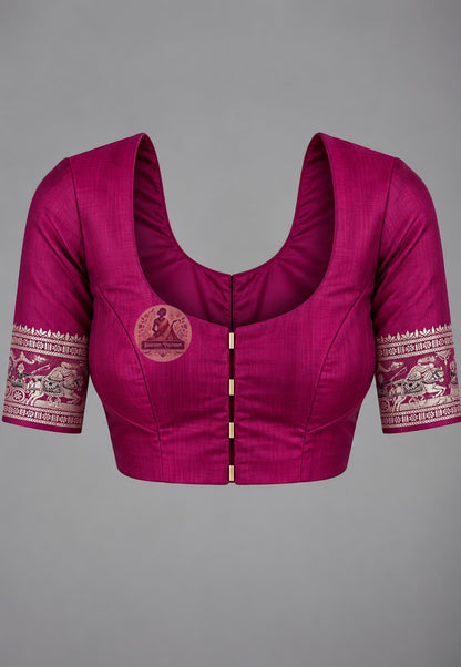 Matching blouse piece included with Baluchari pure silk generational saree, pre-woven in the same Baluchari silk by Bishnupur West Bengal handloom artisan weavers passing tradition forward