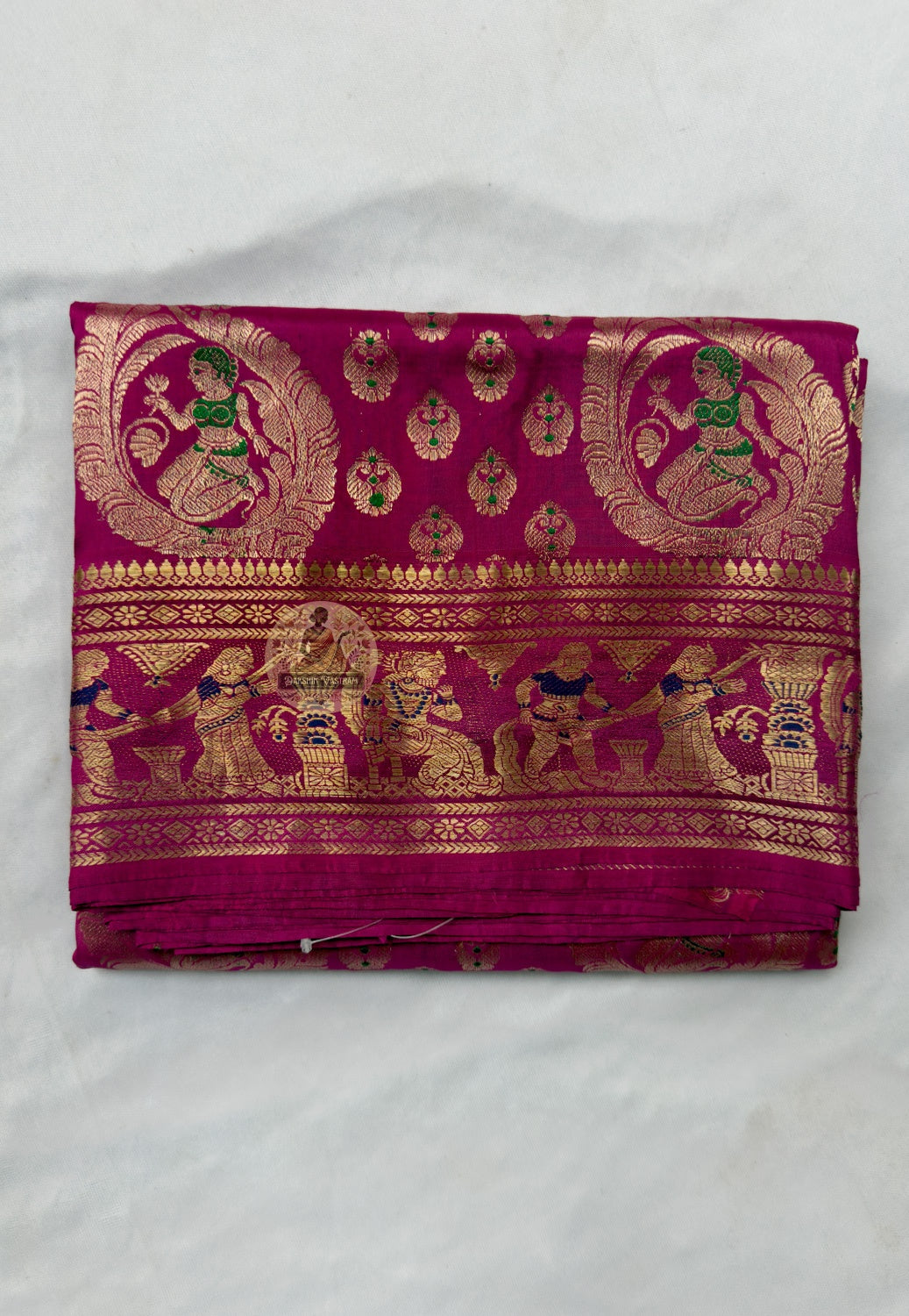 Full flat-lay of Swarnachari Pure Katan Silk Saree with matching blouse piece golden zari divine union anniversary Bishnupur Bengal