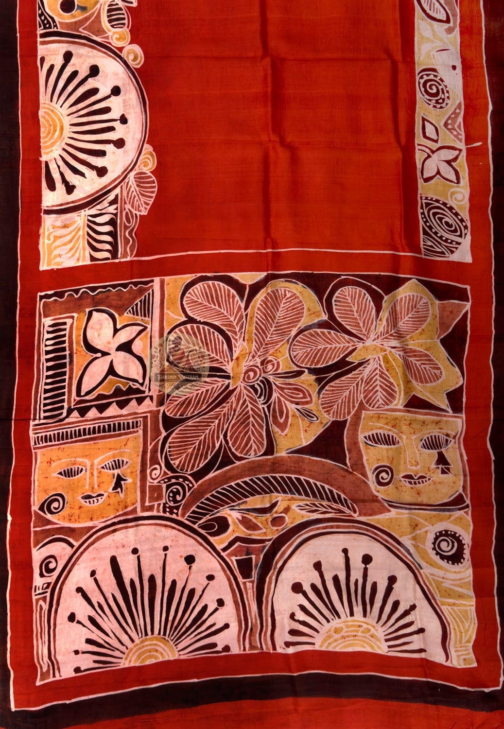Close-up of Bishnupur Katan silk pallu with hand-woven heritage motifs placed with care and intention, carrying the memory of Bishnupur's temples and centuries of Bengal folk artistic tradition