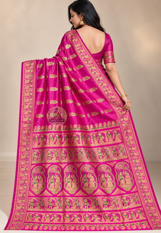 Side view of fuchsia pink Swarnachari silk saree showing the drape and broad decorative border