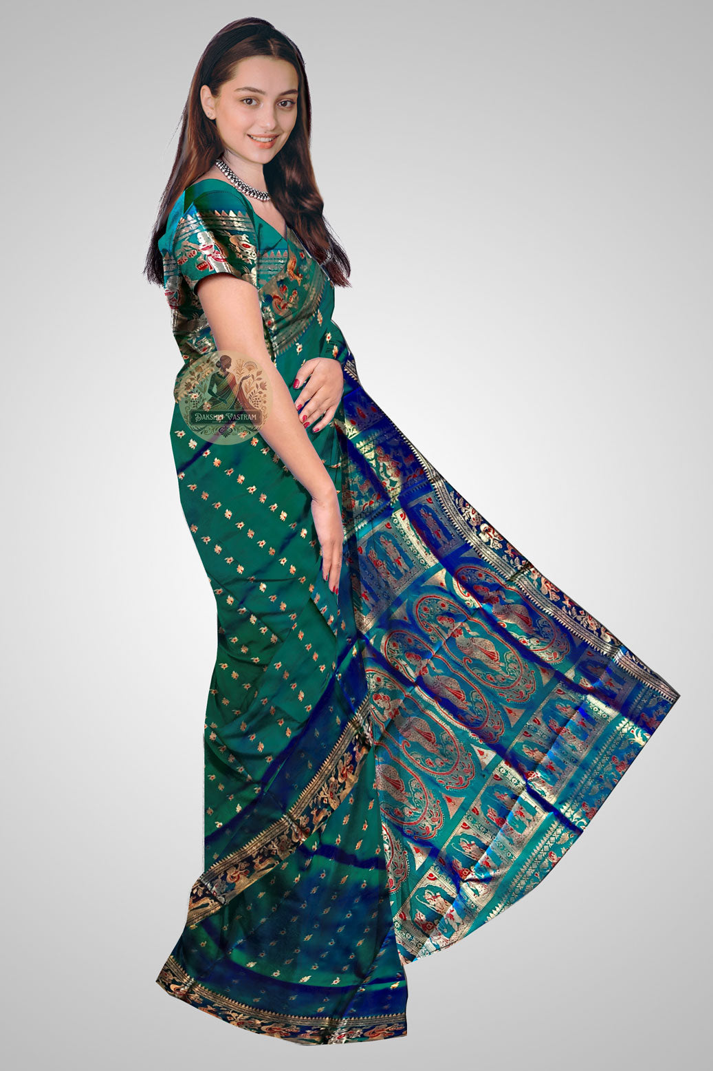 Shop Swarnachari Silk Saree online – Side profile showcasing pleats