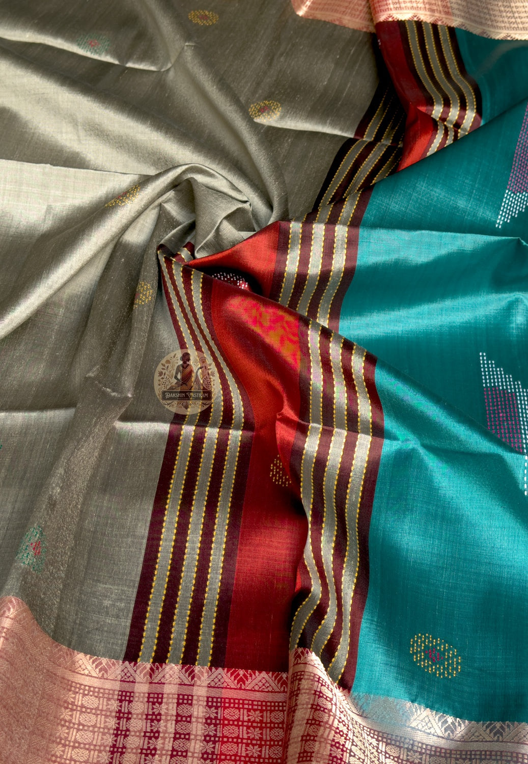 Full flat-lay of Bishnupur Pure Katan Silk Saree with matching blouse piece handloom Karva Chauth gift Bengal