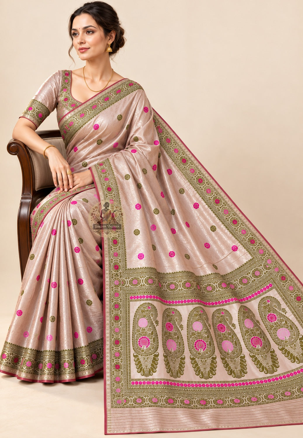 Side view of taupe Baluchari silk saree showing the drape and patterned circular border