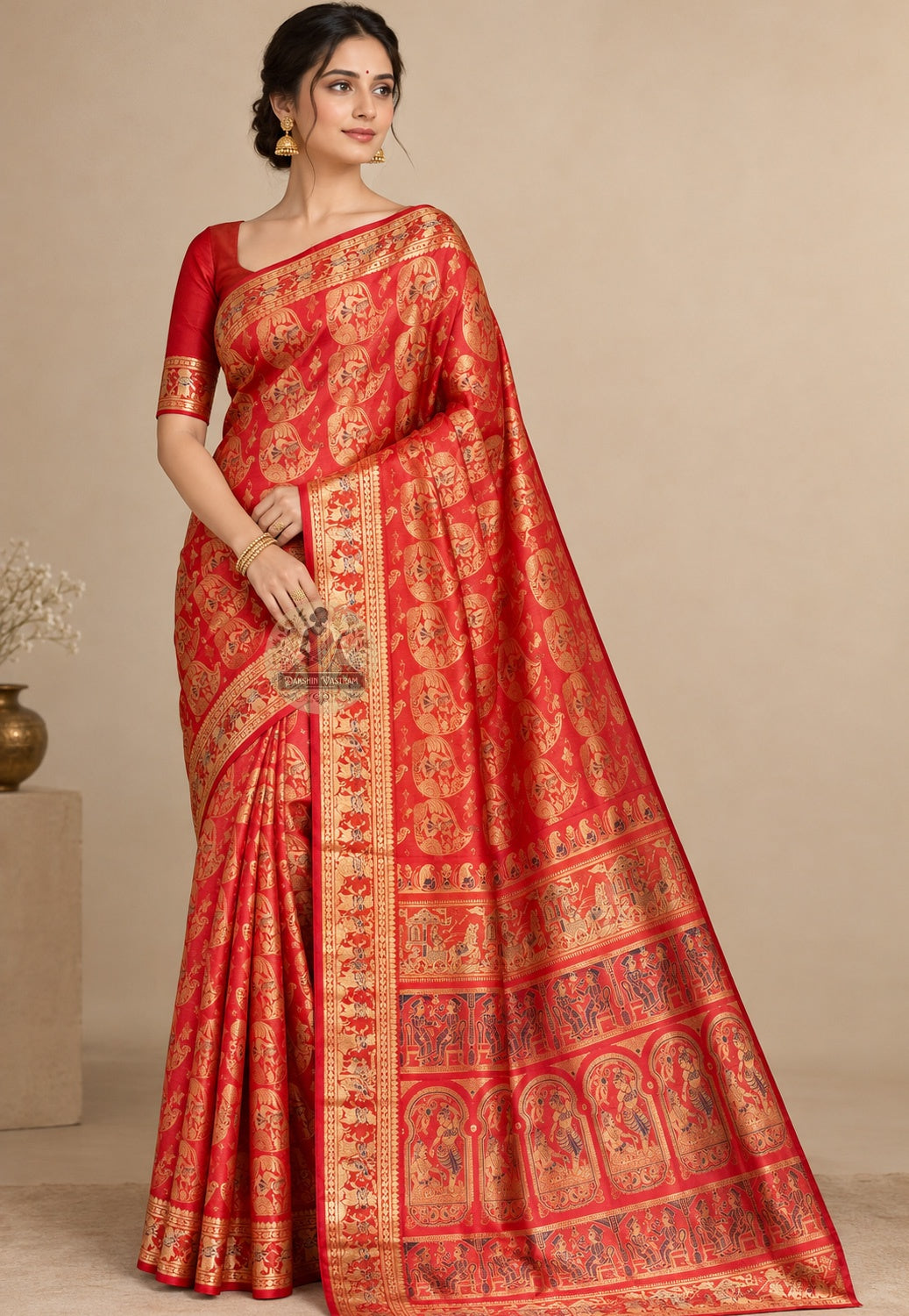 Front view of Swarnachari Silk Saree with pure golden zari Durga on lion throne and marigold garland border Bishnupur West Bengal