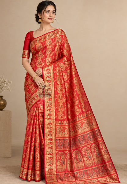 Front view of Swarnachari Silk Saree with pure golden zari Durga on lion throne and marigold garland border Bishnupur West Bengal