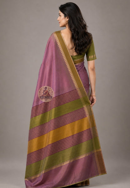 Side view of Bishnupur Pure Katan Silk Saree showing celebratory drape and wave crest handloom border