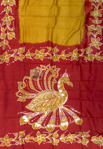 Close-up of intricate hand-woven motifs on the pallu of a premium Bishnupur Katan Silk Saree — terracotta temple figures and mythological scenes woven in pure silk thread