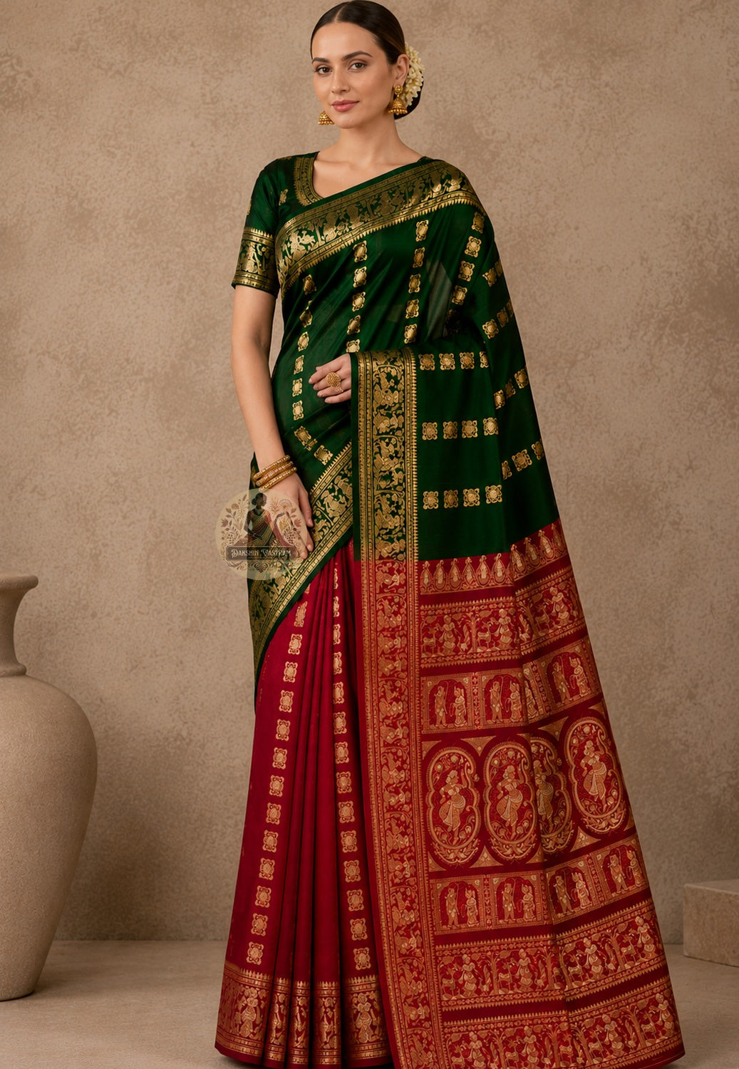 Front view of Swarnachari handloom silk saree with golden zari craft border and Bengal temple and mythological identity motifs, West Bengal pit-loom tradition