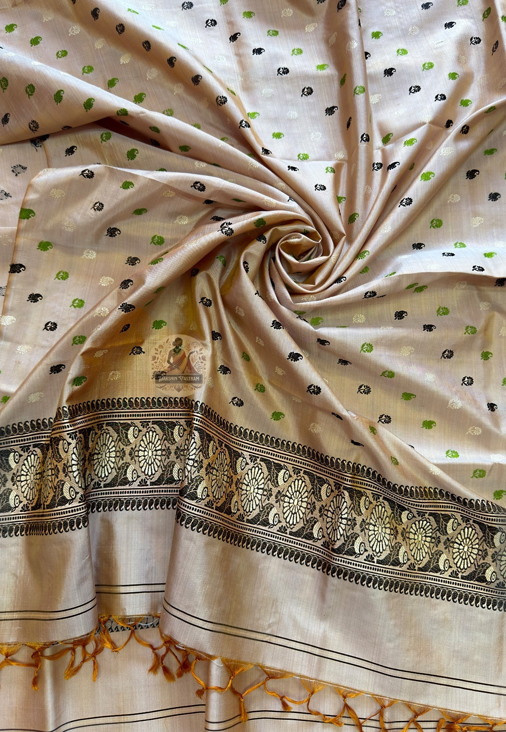 Rear drape view of Baluchari silk stole showing full pure silk ground with narrative Ramayana and Bishnupur temple art motifs visible across the full stole drape