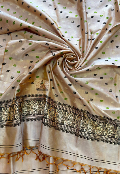Rear drape view of Baluchari silk stole showing full pure silk ground with narrative Ramayana and Bishnupur temple art motifs visible across the full stole drape