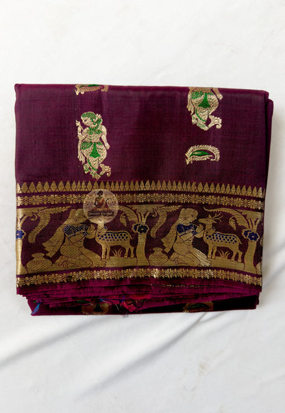 Full saree view of Swarnachari pure silk golden zari identity handloom saree with matching blouse piece for Indian weddings Durga Puja Diwali Navratri Karva Chauth and gifting