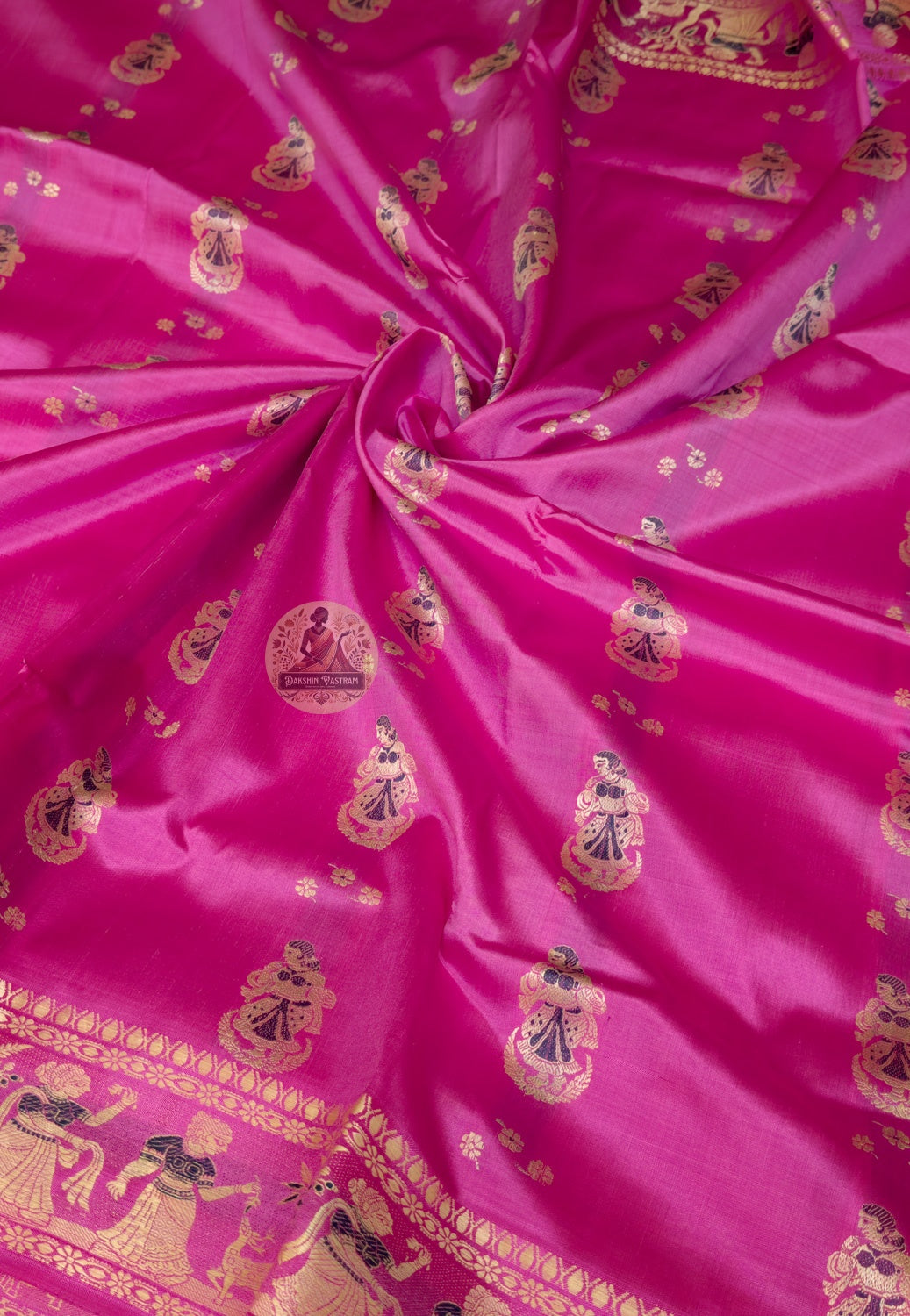 Rear view of Baluchari Silk Saree displaying pallu with Krishna Leela devotional vignettes hand-woven in silk Bengal