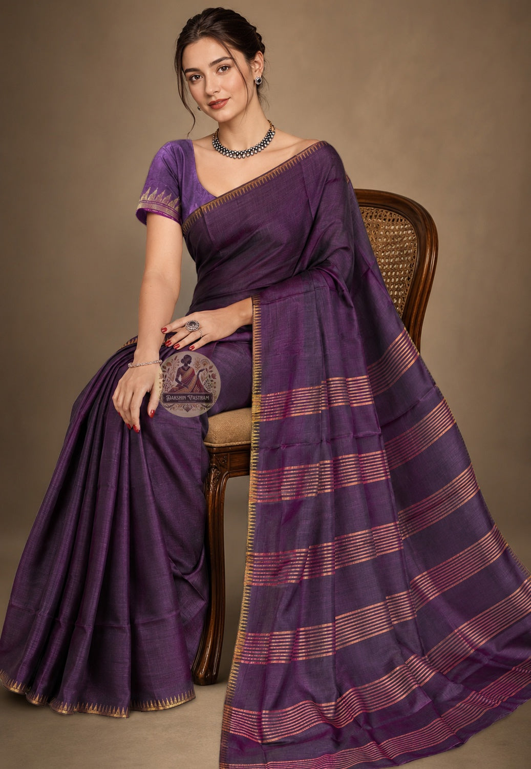 Front view of woman wearing Bishnupur Katan Silk Saree with gold jewellery, Diwali festive occasion