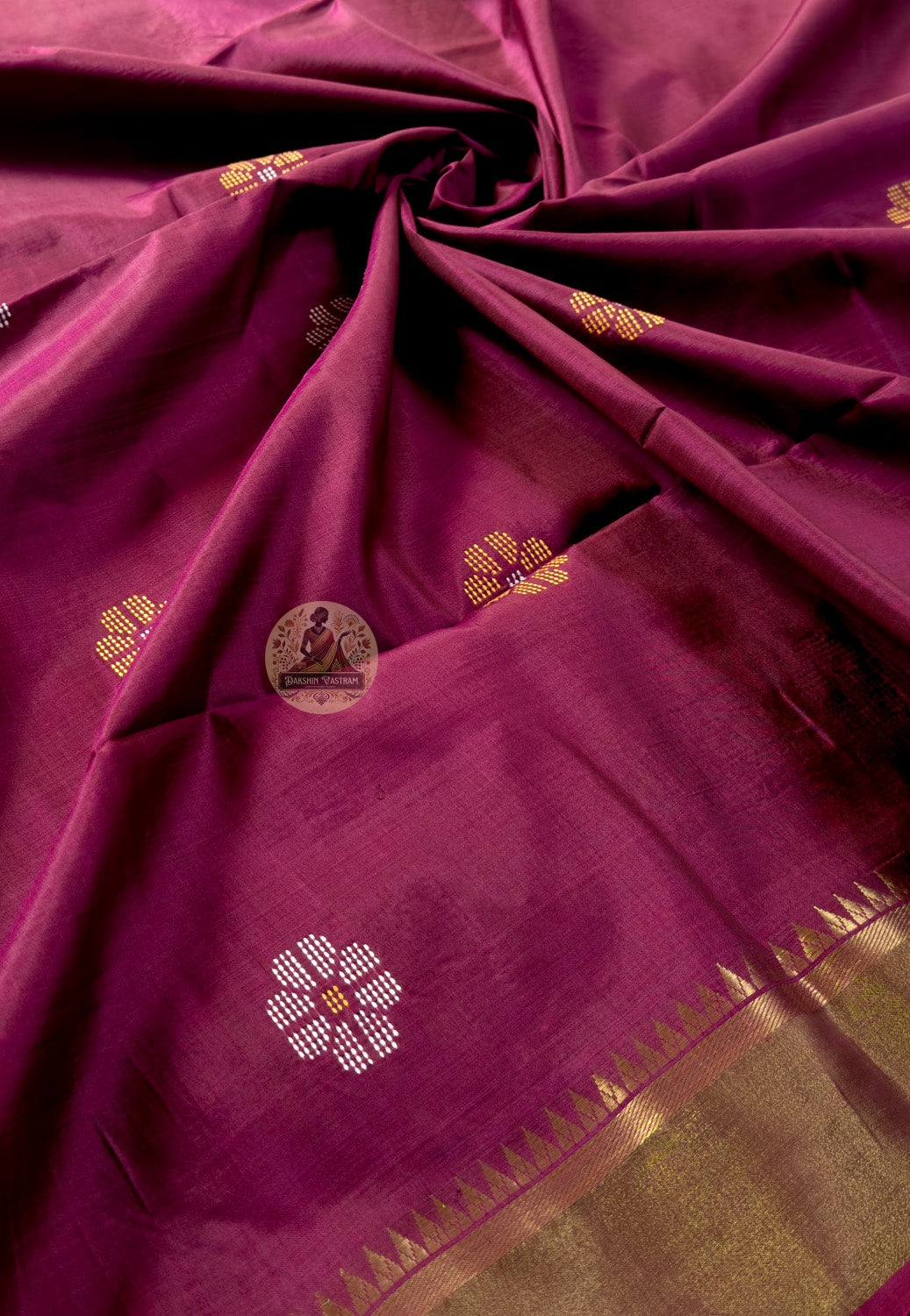 Full saree view of Bishnupur Katan pure silk festival handloom saree with matching blouse piece for Durga Puja Diwali Navratri Karva Chauth and Raksha Bandhan occasions