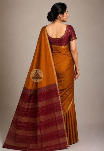 Rear view of handwoven Bishnupur Katan Silk Saree revealing the full pallu with hand-woven heritage motifs drawn from Bishnupur's terracotta temple tradition, carrying the knowledge of a craft passed down through generations of Bengal weaving families