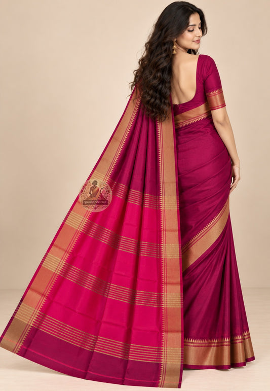 Front view of Bishnupur pure Katan silk bridal saree showing smooth silk fabric and heritage Bengal buti motifs across the body