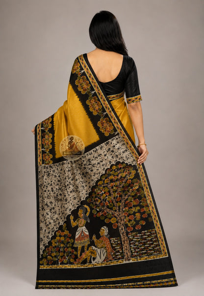 Rear view of Bishnupur handwoven Katan silk saree with floral and geometric pallu motifs, Bengal artistic tradition