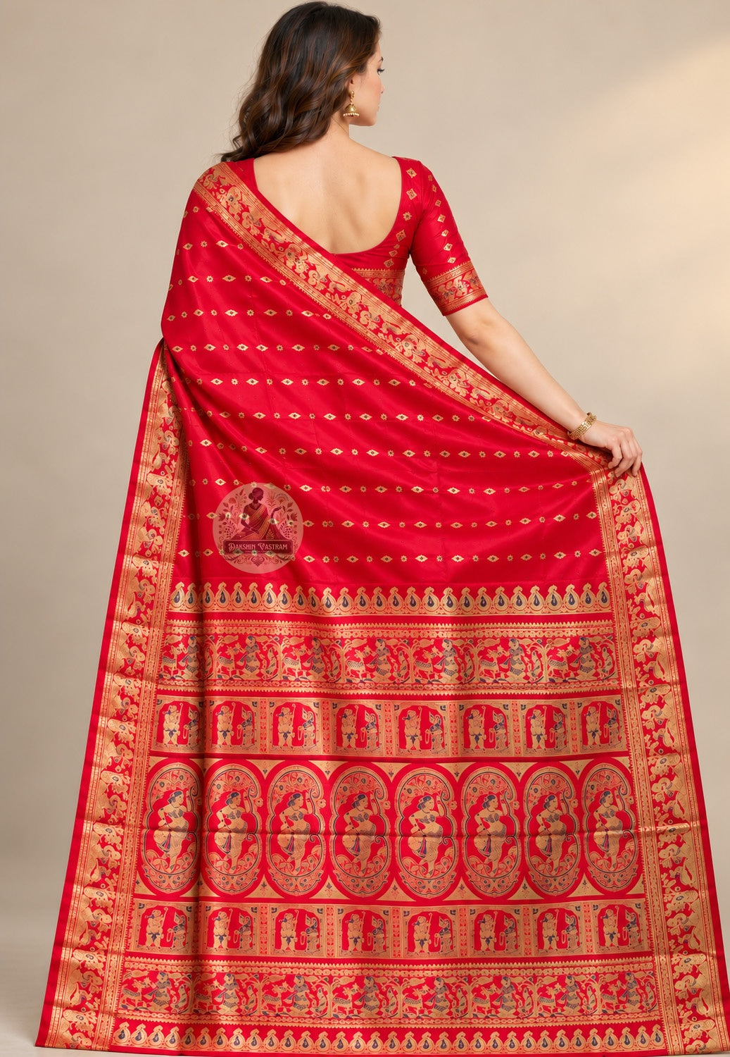 Side view of Swarnachari pure silk saree displaying natural fluid drape and golden zari luminescence shifting across morning daylight afternoon shade and evening candlelight